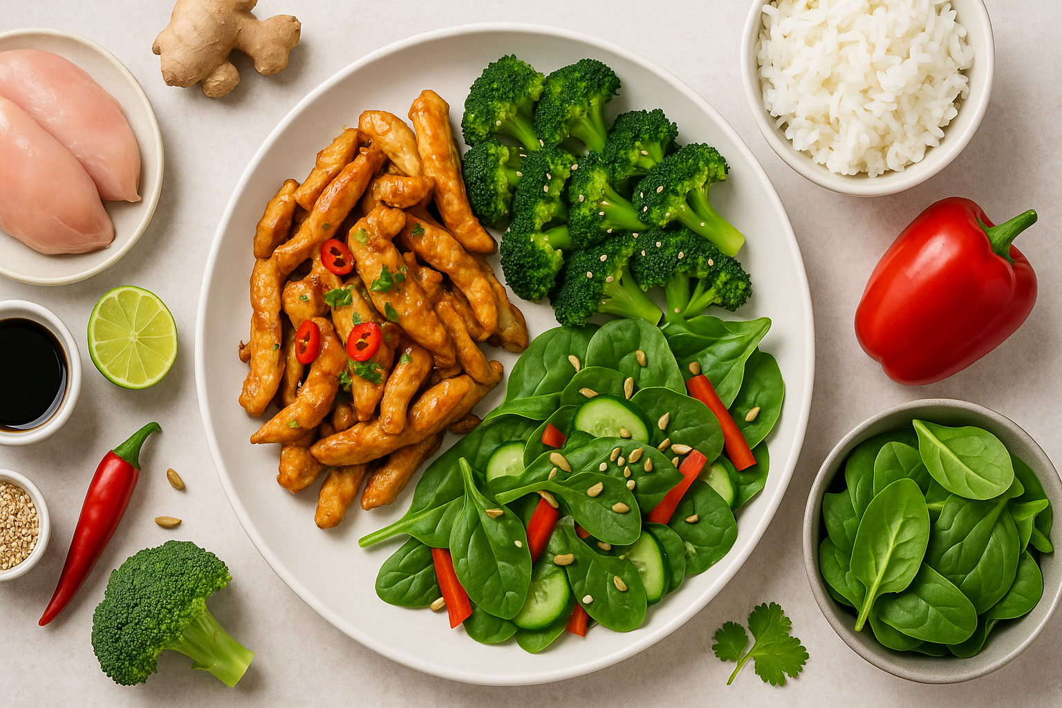 Thai-inspireret kylling med broccoli og spinatsalat